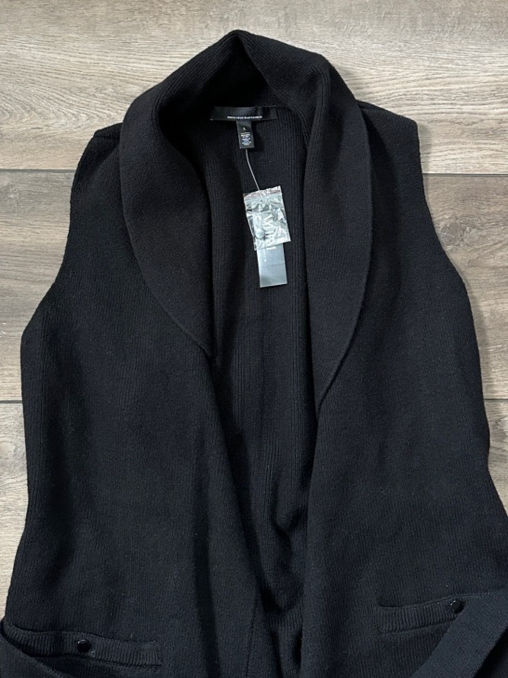 White House Black Market Black Sleeveless Knit Shawl Collar Cardigan Vest - Picture 2 of 3